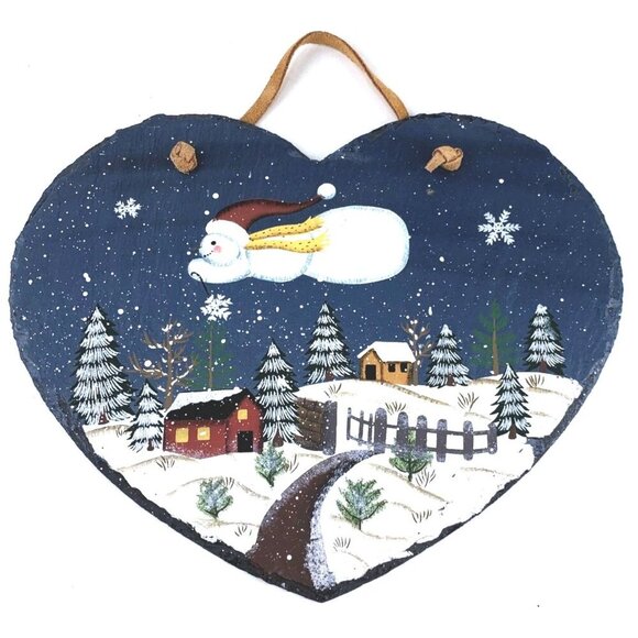 Winter Scene Slate Snowman Over Country Houses Heart Shaped Wall Plaque - Picture 1 of 4